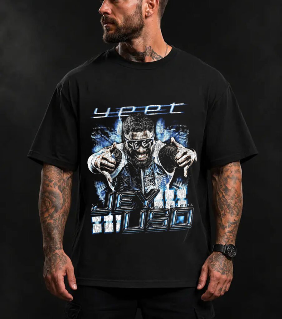 Black Jey Uso YEET Shirt with large blue and white Jey Uso graphic