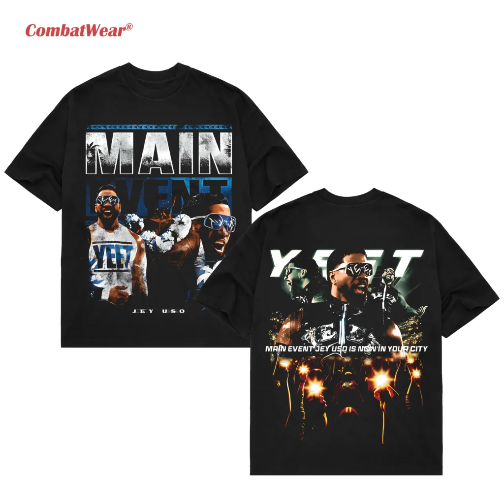 Main Event Jey Uso Shirt with large front Main Event graphic and YEET city artwork on the back