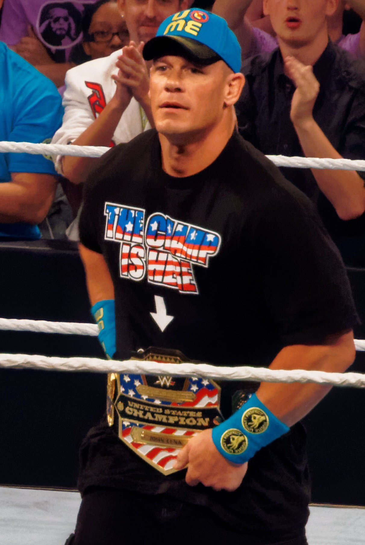 John Cena wearing The Champ Is Here shirt as United States Champion in 2015