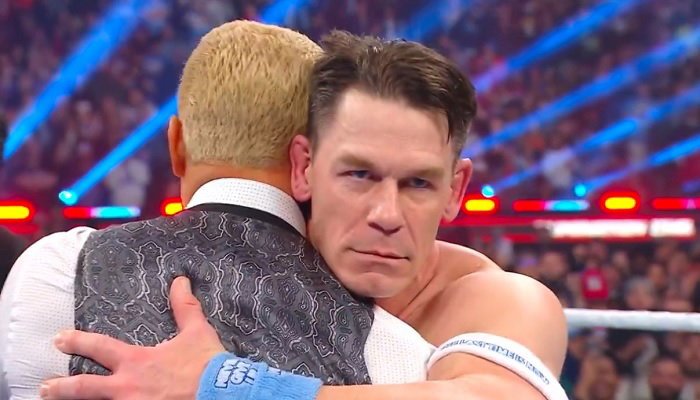 John Cena embraces Cody Rhodes immediately before his 2025 WWE heel turn