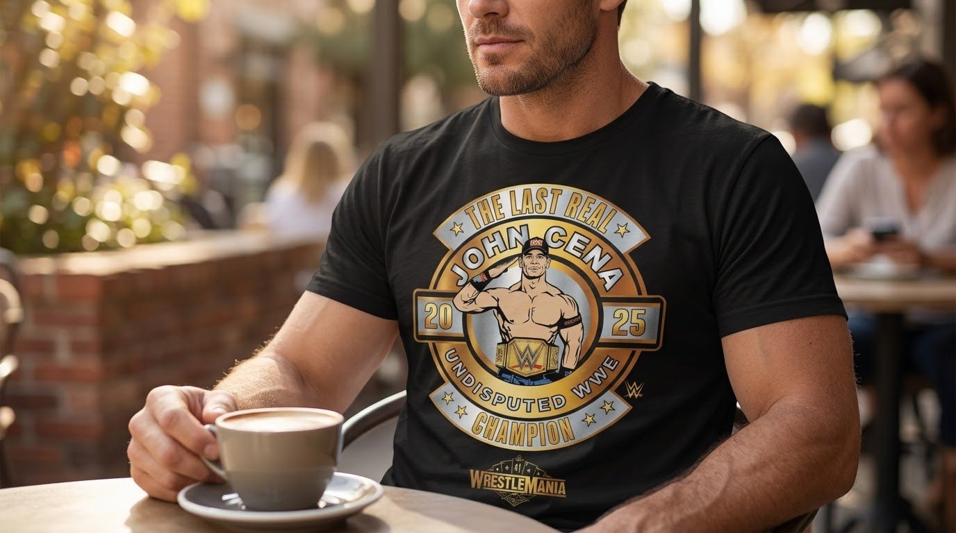 John Cena 17 Time Champion shirt worn at a cafe.