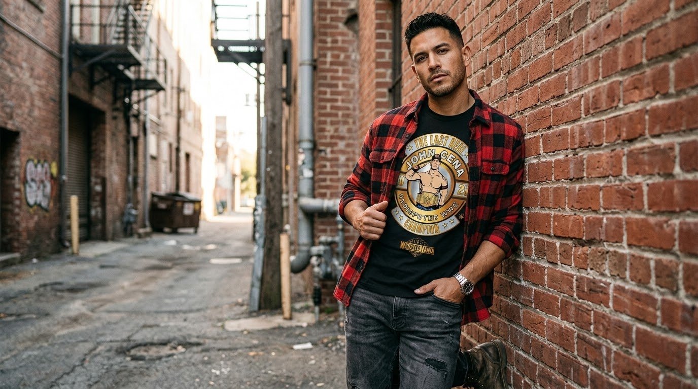 John Cena 17 Time Champion shirt styled with a red overshirt for streetwear.