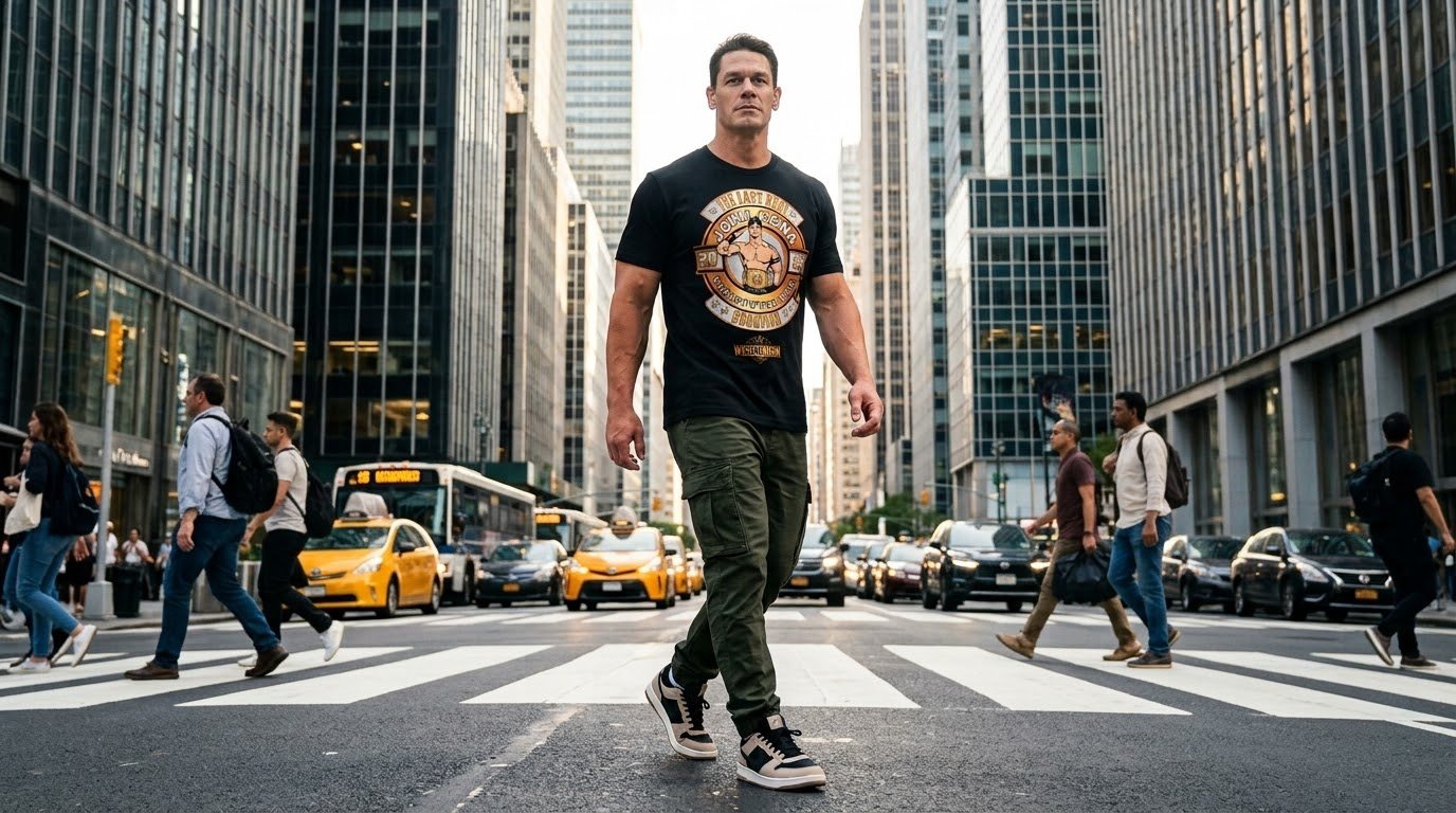 John Cena 17 Time Champion shirt worn on a city crosswalk.