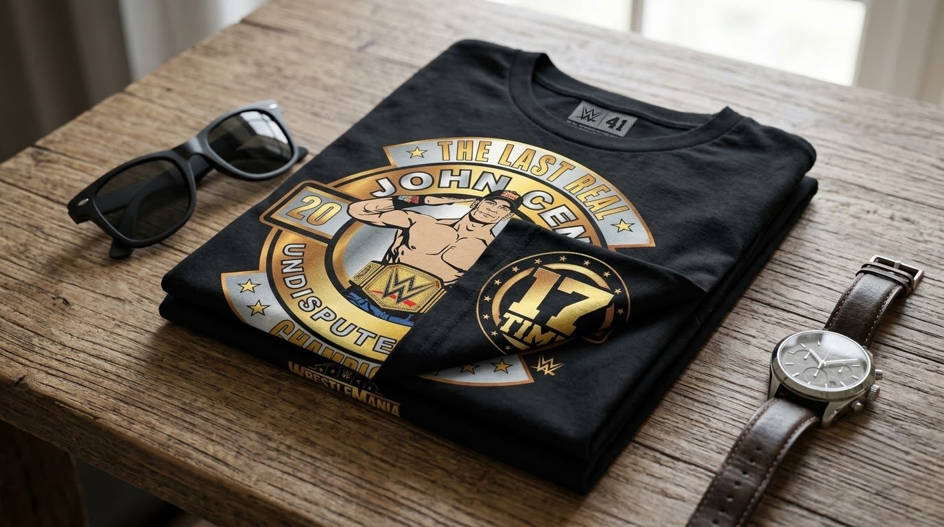 John Cena 17 Time Champion shirt folded on a table with championship artwork.