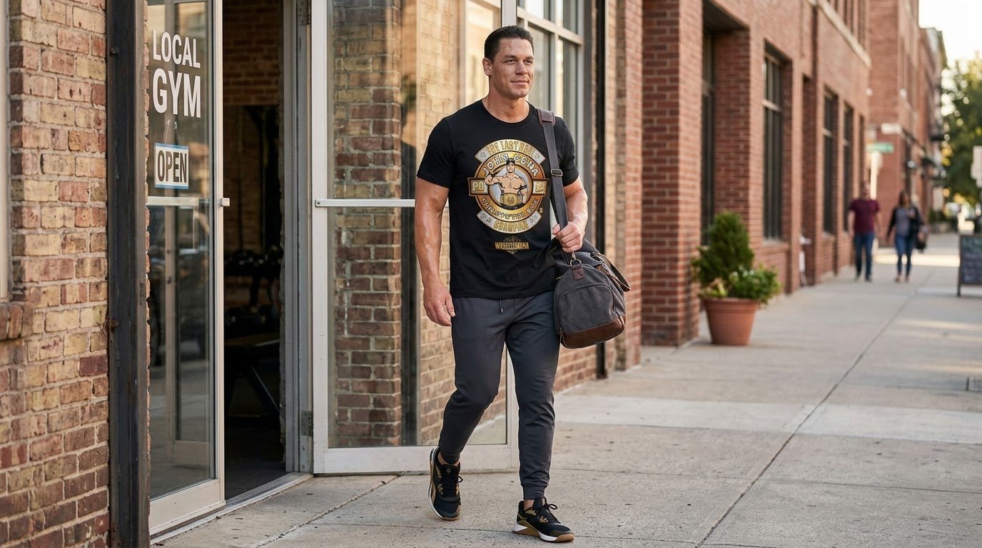 John Cena 17 Time Champion shirt worn leaving the gym with a duffel bag.