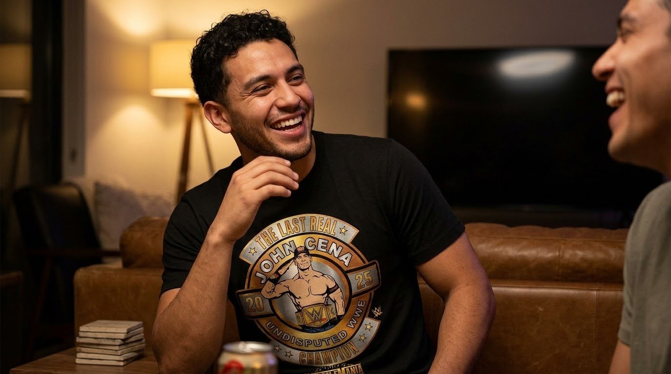John Cena 17 Time Champion shirt worn casually in a living-room fan setting.