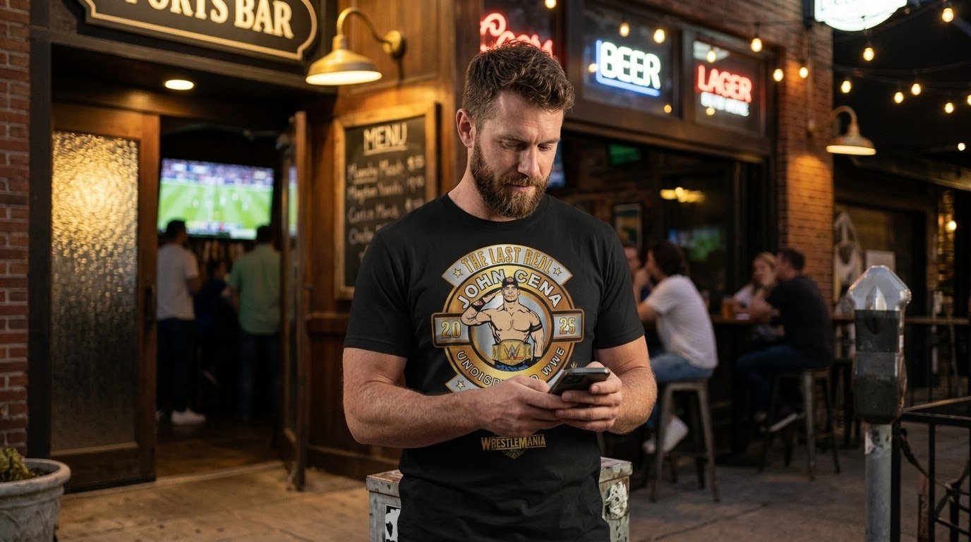 John Cena 17 Time Champion shirt worn at a sports bar while watching wrestling.