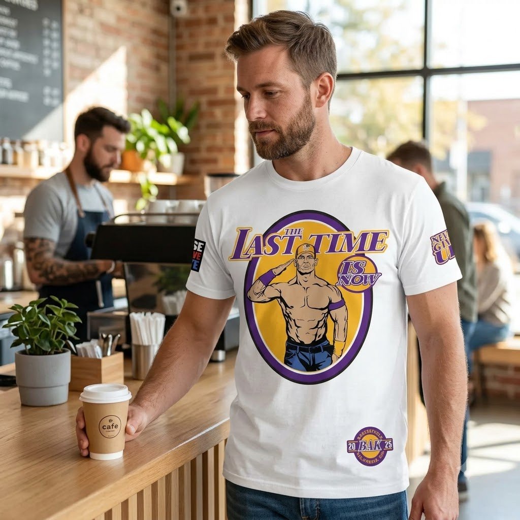 Fan wearing John Cena Bakersfield Shirt in a cafe