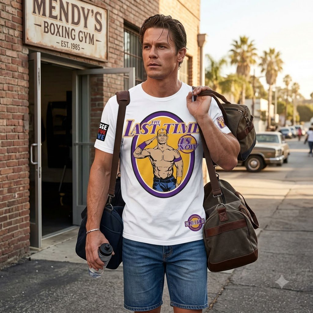 Man wearing John Cena Bakersfield Shirt outside a gym