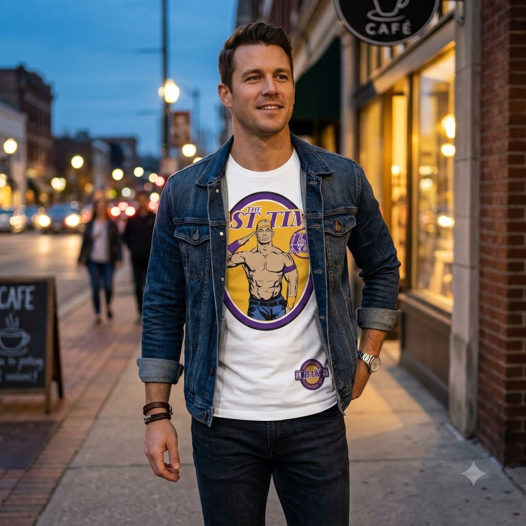 John Cena Bakersfield Shirt worn with a denim jacket