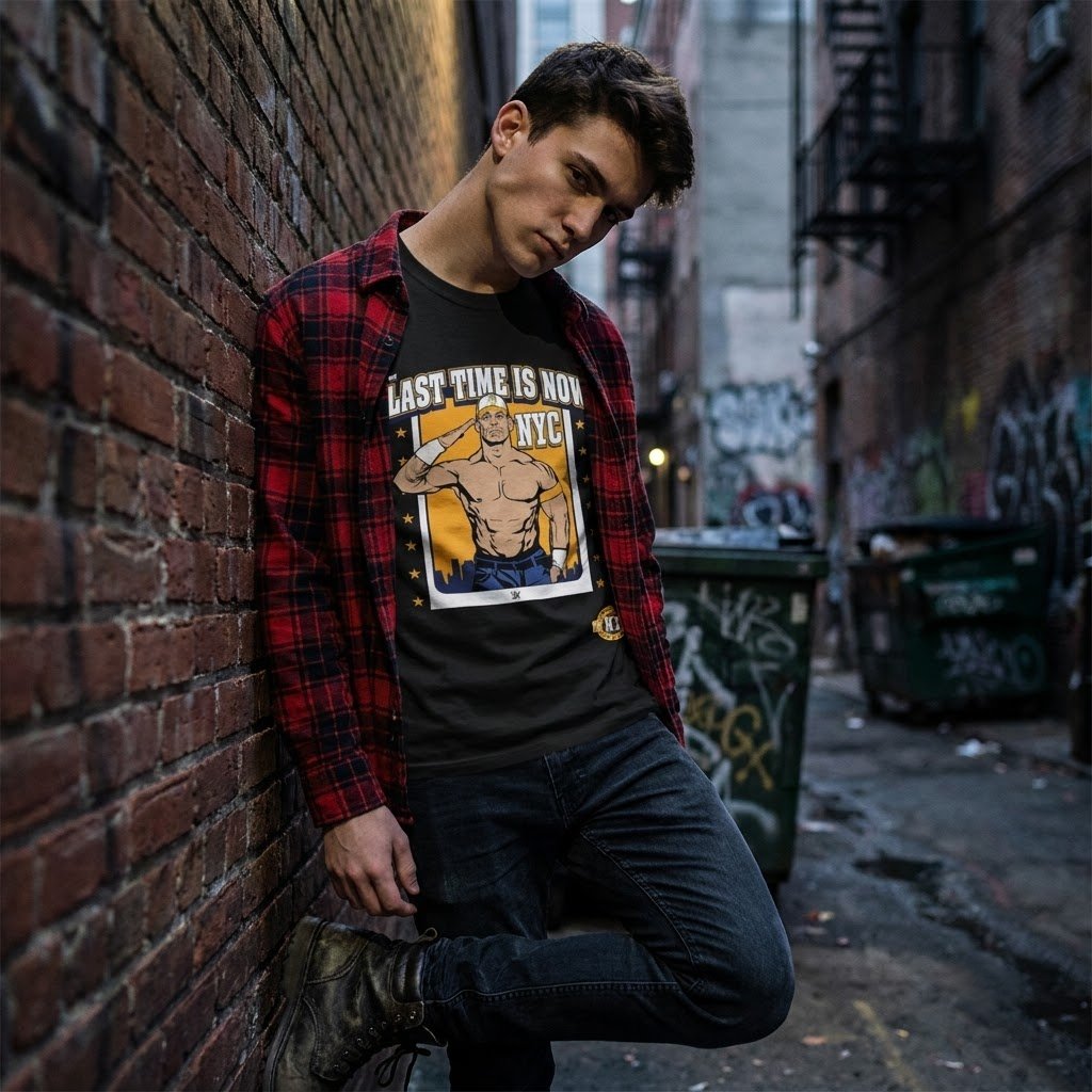 John Cena Fanatics Fest shirt styled against a brick wall.