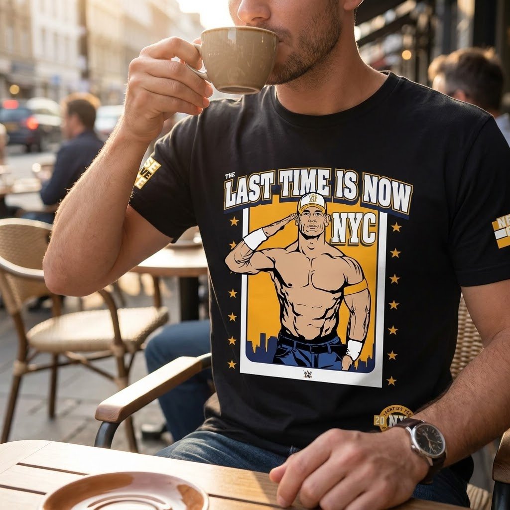 John Cena Fanatics Fest shirt worn while grabbing coffee.