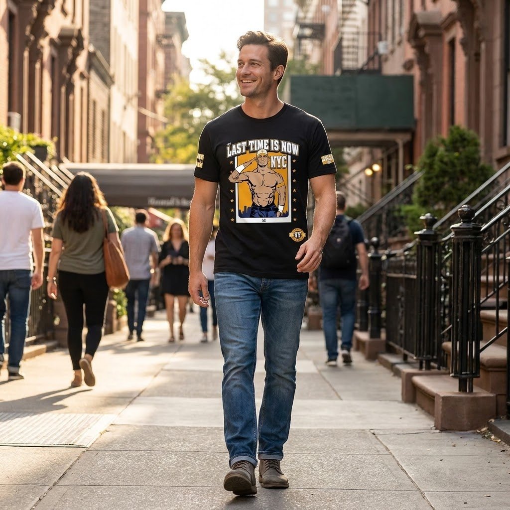 John Cena Fanatics Fest shirt worn on a New York City sidewalk.
