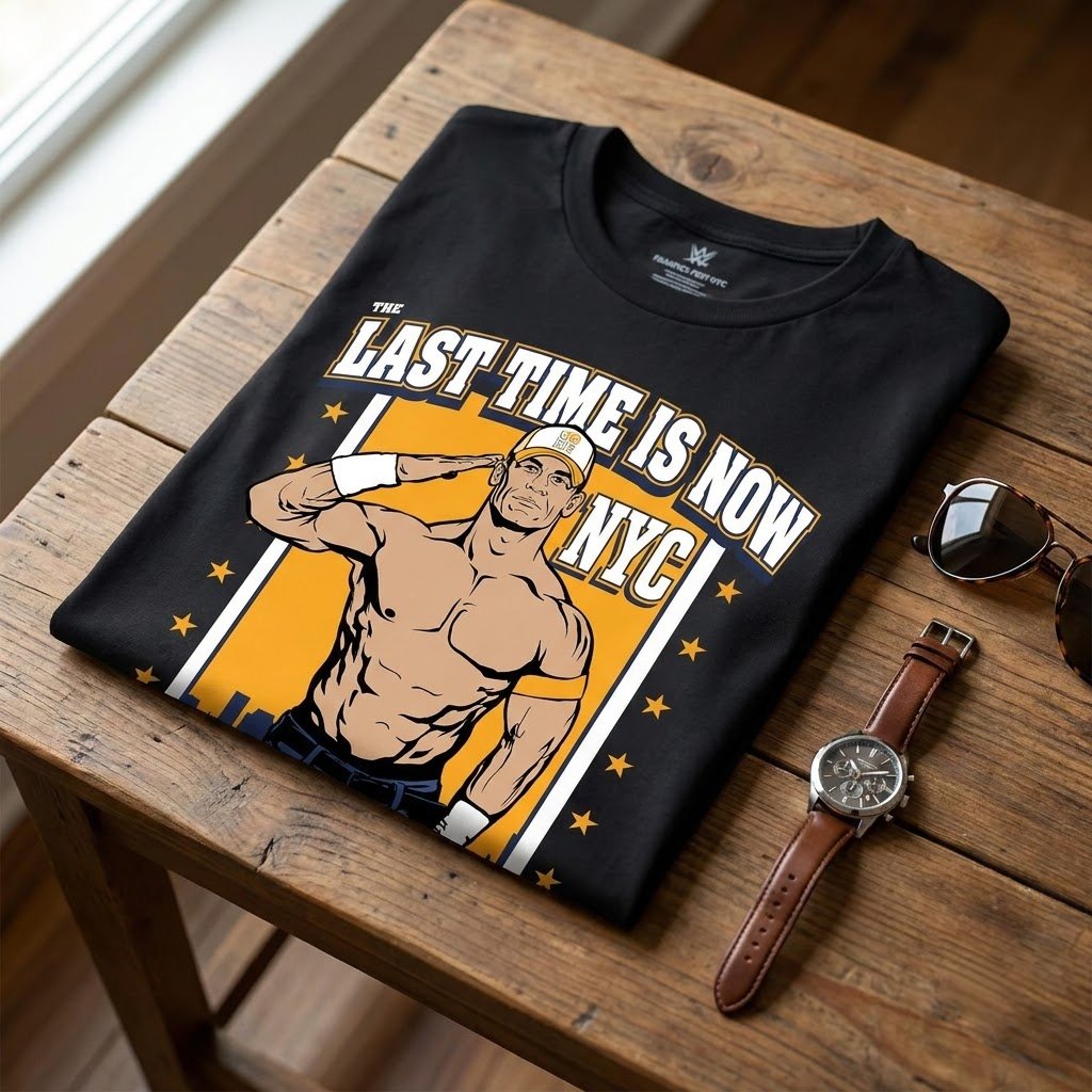 John Cena Fanatics Fest shirt folded on a table with NYC 2025 and Fanatics Fest artwork.