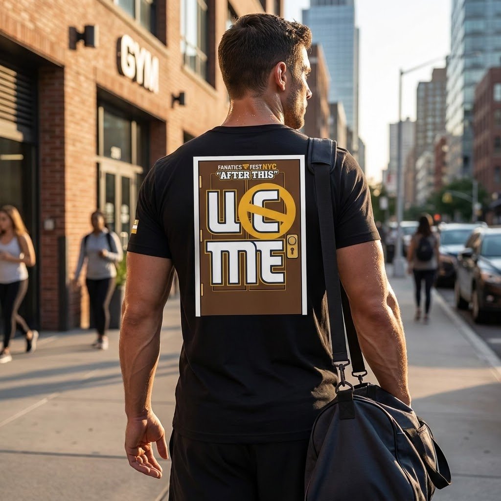 John Cena Fanatics Fest shirt worn leaving a gym with a bag.