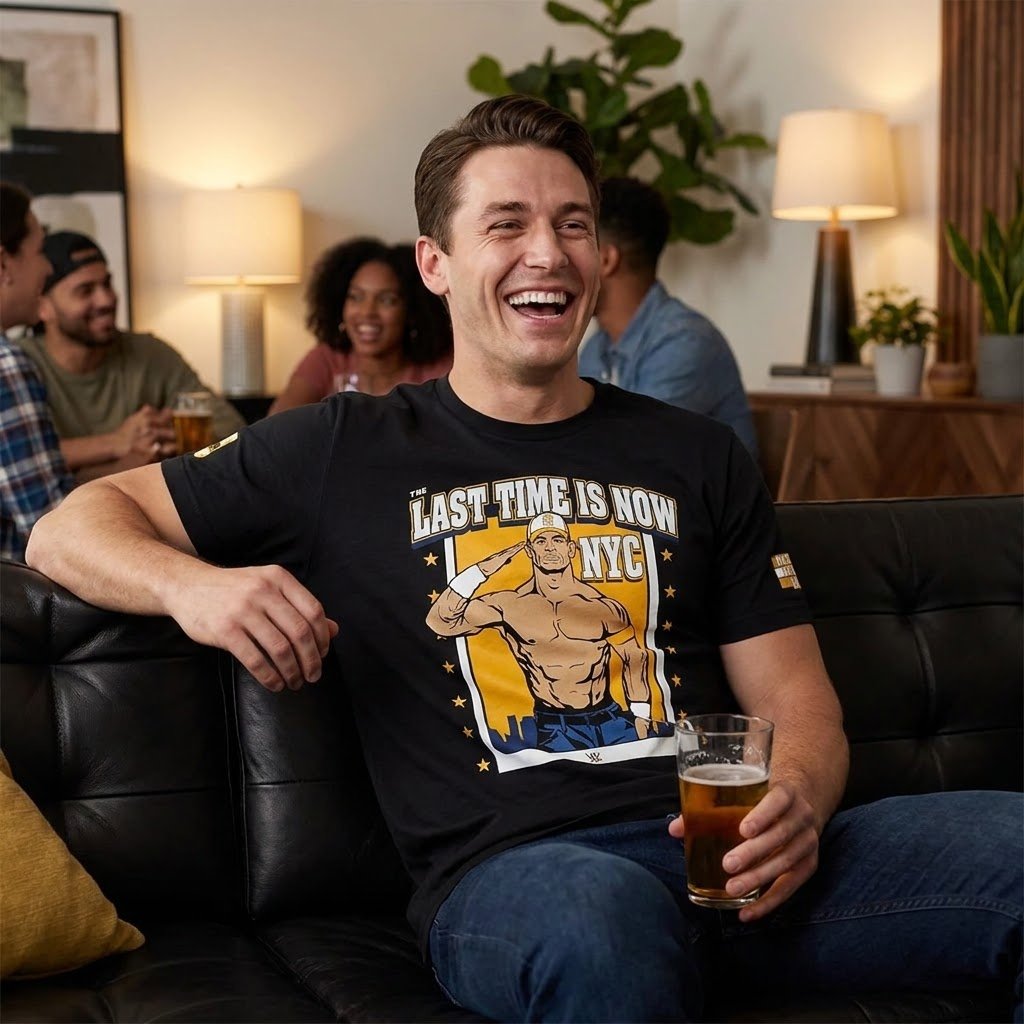 John Cena Fanatics Fest shirt worn casually in a living-room fan setting.