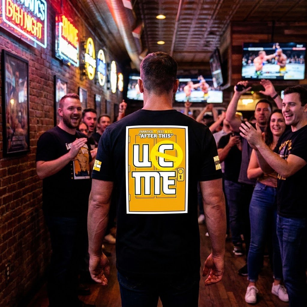 John Cena Fanatics Fest shirt worn in a sports bar while watching wrestling.