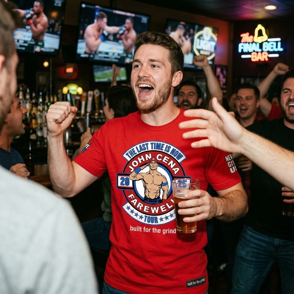 John Cena Farewell shirt worn while cheering for a wrestling match in a red fan shirt.