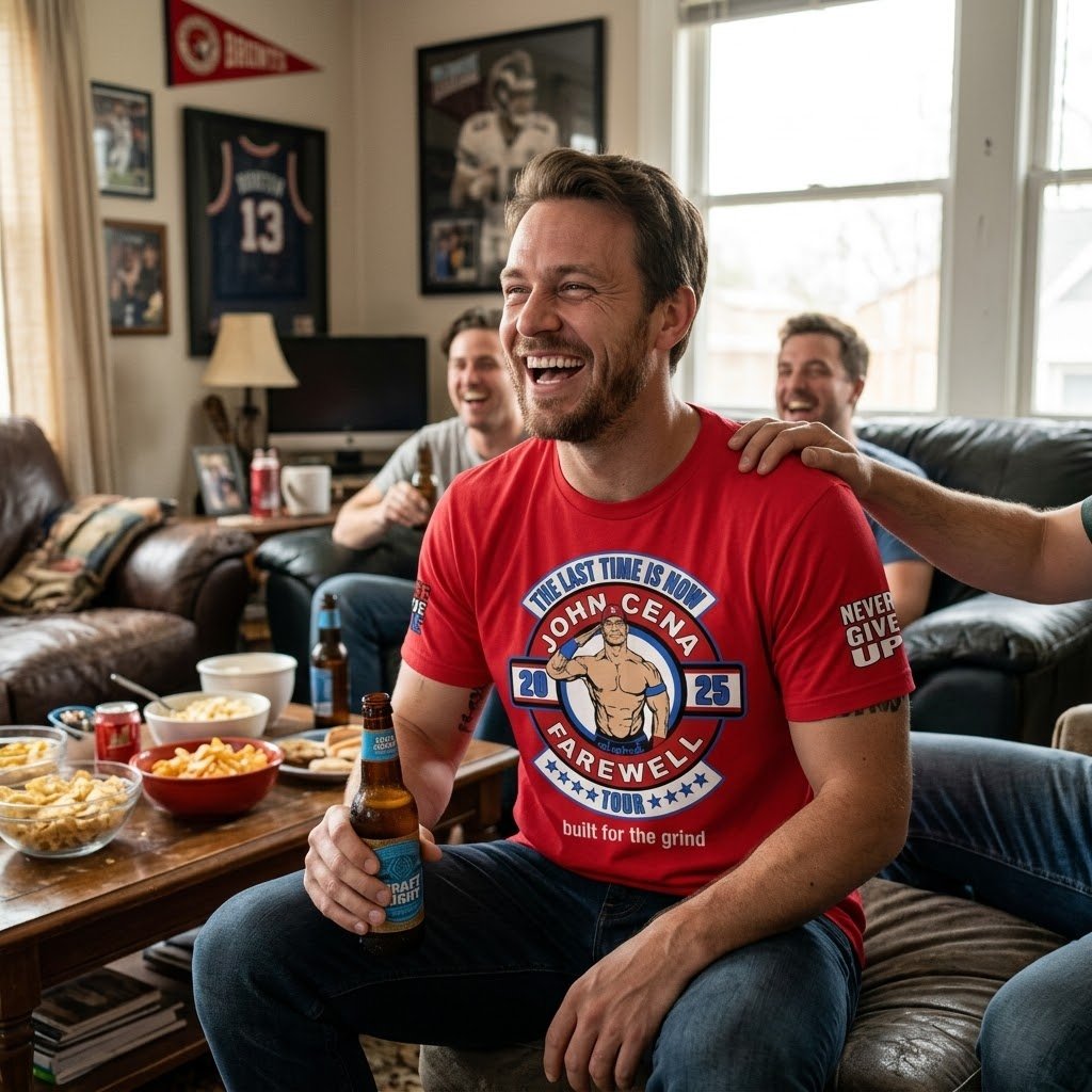 John Cena Farewell shirt worn casually while enjoying a drink with friends.