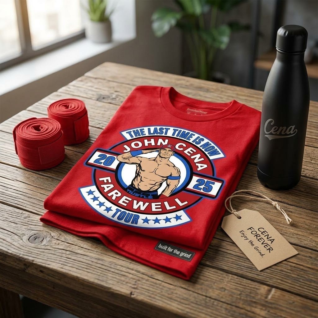 John Cena Farewell shirt displayed flat on a wooden table.