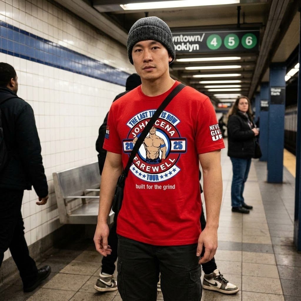 John Cena Farewell shirt worn in a subway station during everyday city travel.
