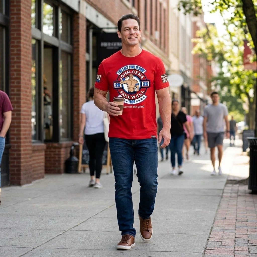 John Cena Farewell shirt worn while walking through an urban setting.