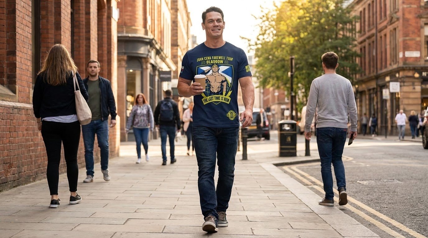 John Cena Glasgow shirt worn while walking with coffee through the city.