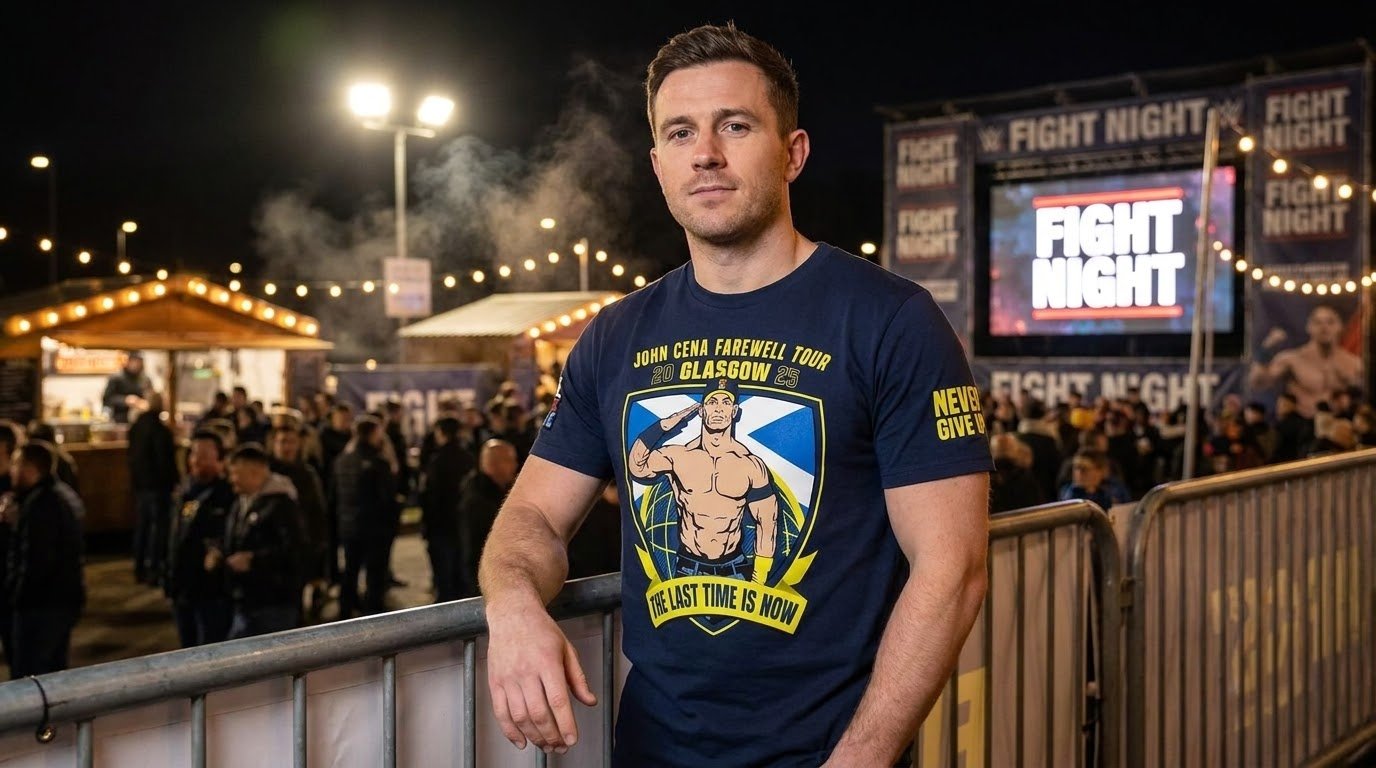 John Cena Glasgow shirt worn at an outdoor wrestling event.