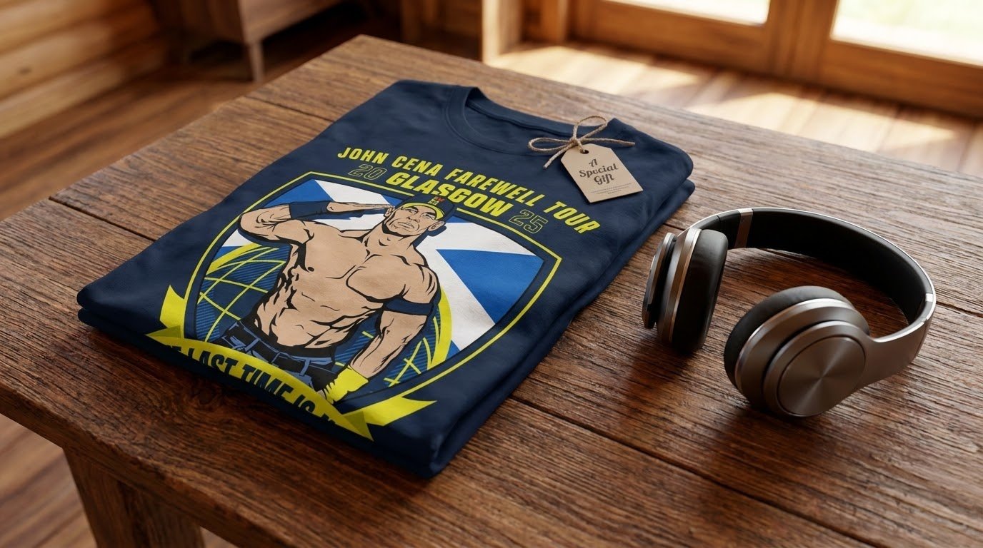 John Cena Glasgow shirt folded on a table showing the Scottish flag artwork and 2025 Farewell Tour graphic.