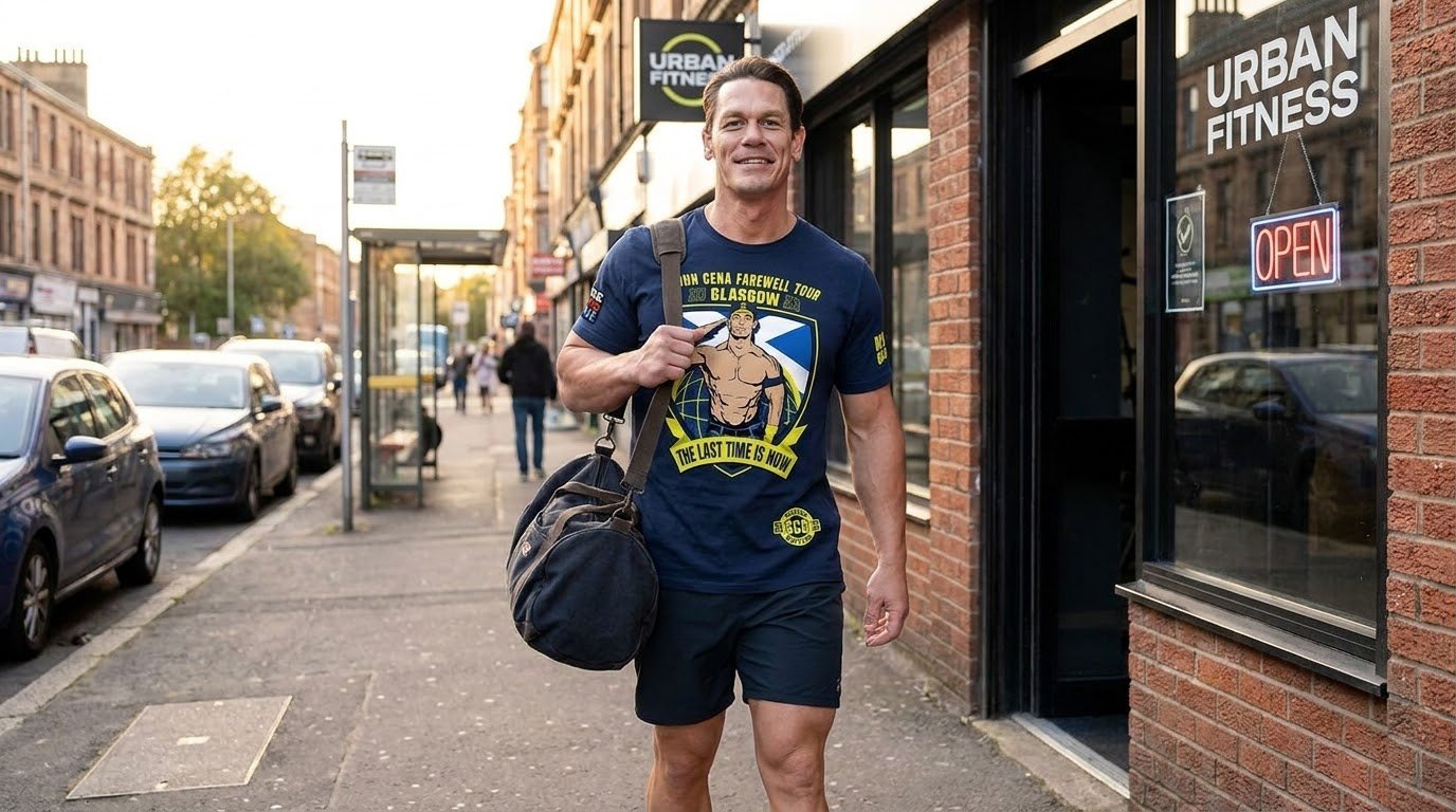 John Cena Glasgow shirt worn outside a gym with a duffel bag.