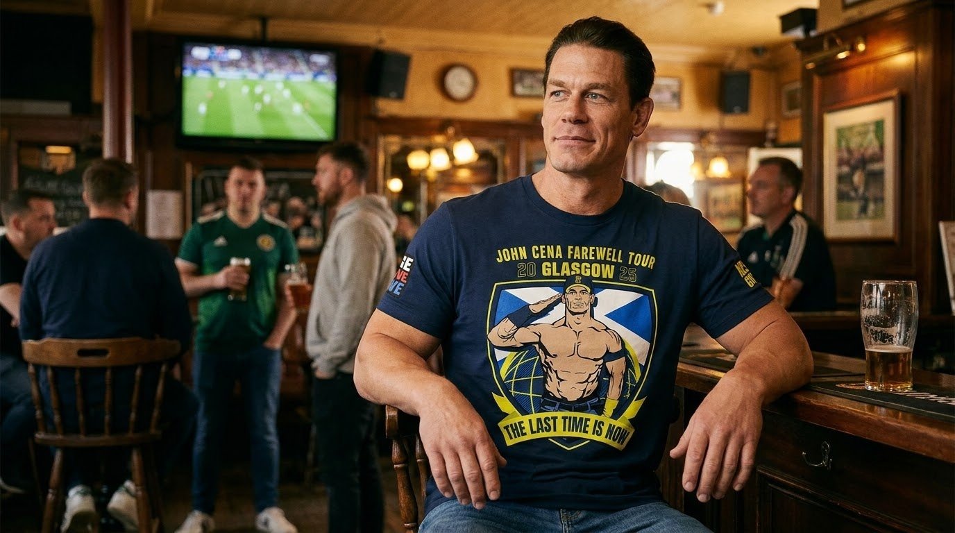 John Cena Glasgow shirt worn in a pub while watching sport.