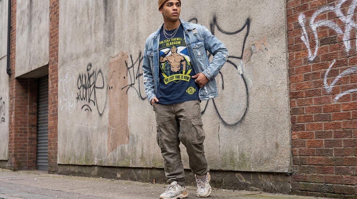 John Cena Glasgow shirt styled with a denim jacket for streetwear.