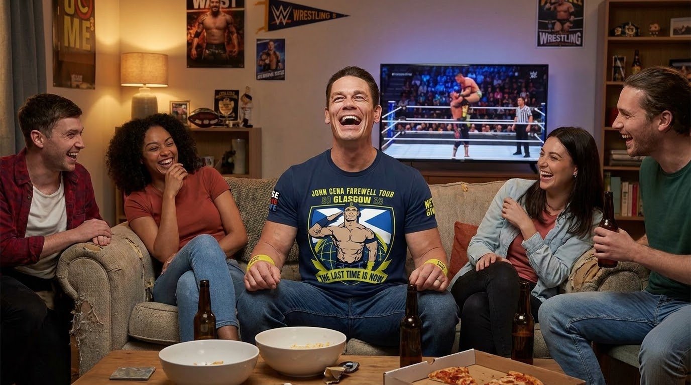 John Cena Glasgow shirt worn during a wrestling watch party with friends.