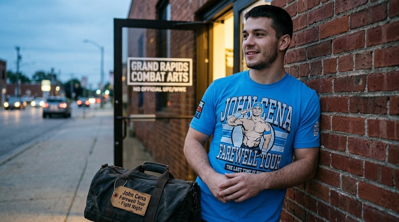 John Cena Grand Rapids shirt worn outside a boxing gym.