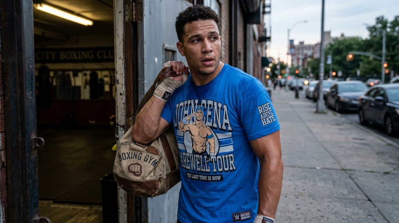 John Cena Grand Rapids shirt worn outside a gym with a training bag.