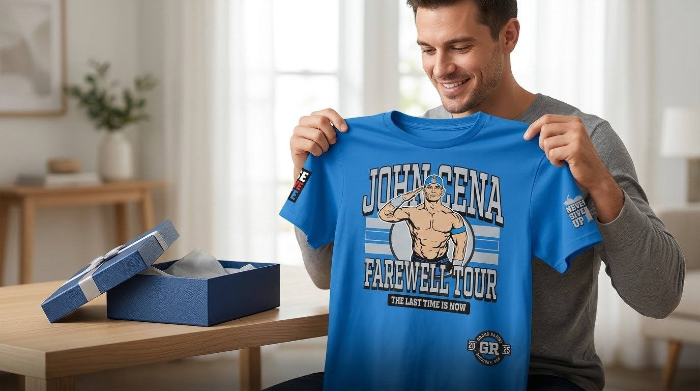 John Cena Grand Rapids shirt held up to show the front Farewell Tour artwork and GR 2025 mark.
