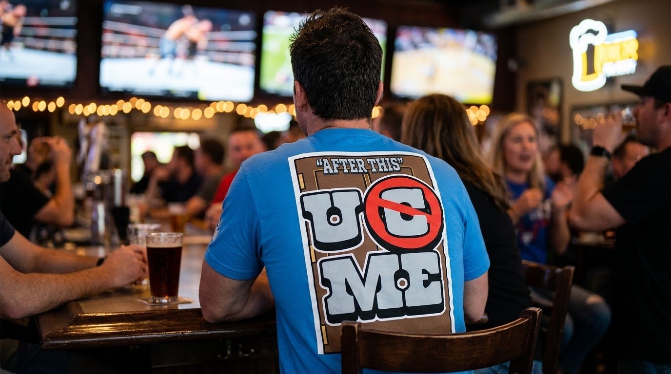 John Cena Grand Rapids shirt back graphic worn in a sports bar.