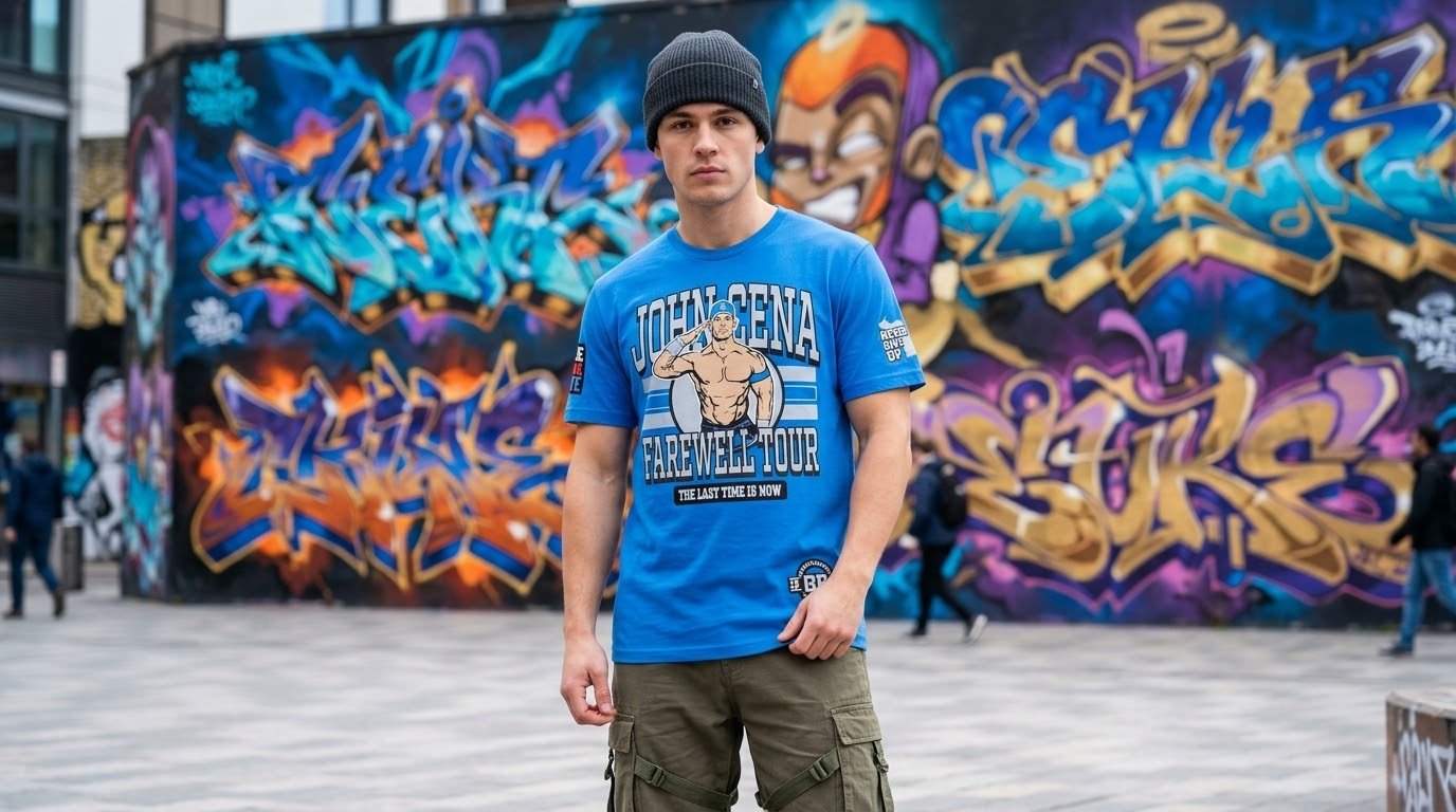 John Cena Grand Rapids shirt styled in a colorful streetwear setting.