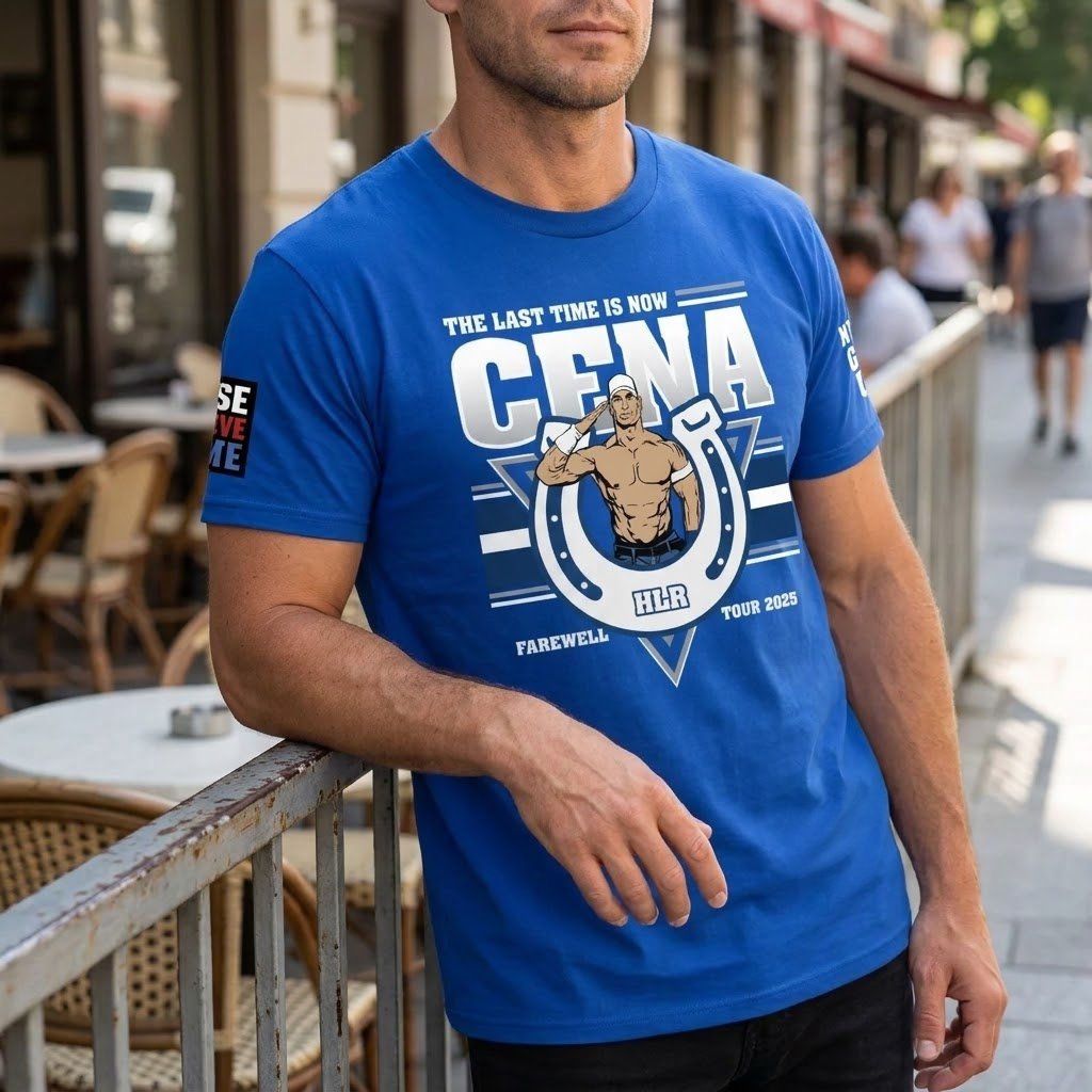 John Cena Indianapolis shirt worn beside a cafe railing.
