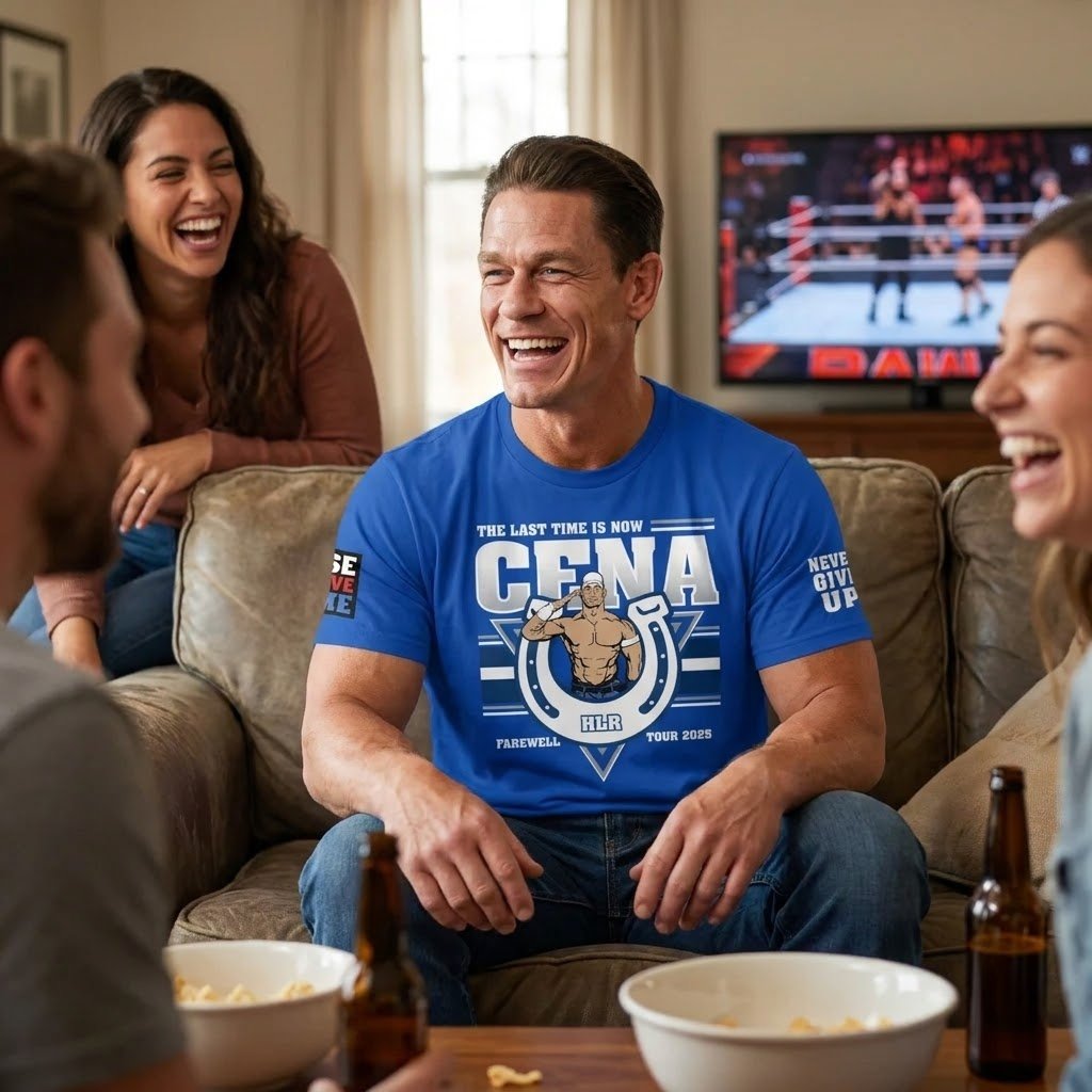 John Cena Indianapolis shirt worn casually while laughing on a couch.