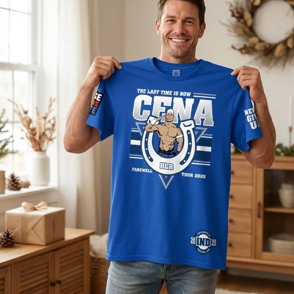 John Cena Indianapolis blue shirt held up to show the front artwork.