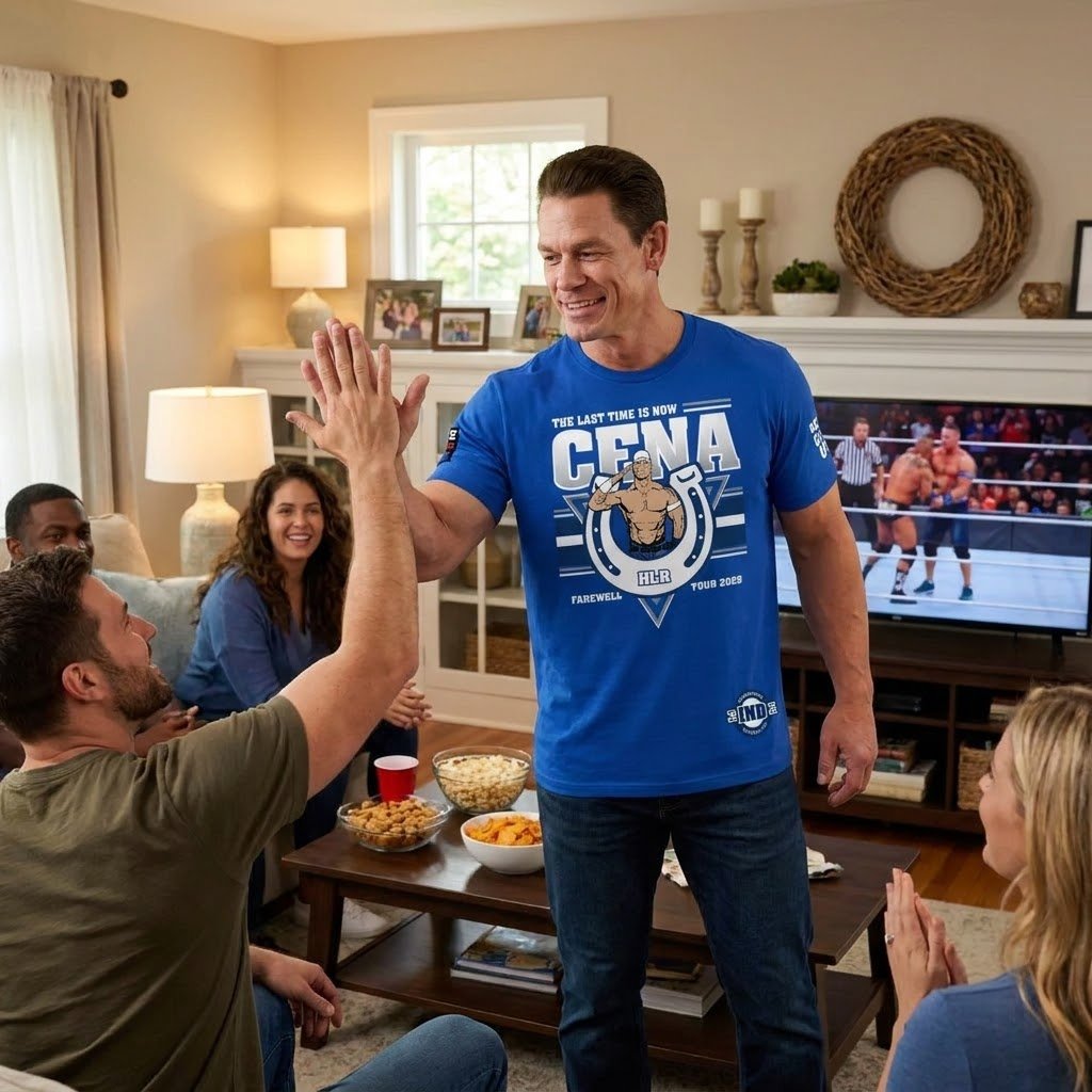 John Cena Indianapolis shirt worn during a high-five in a living-room fan setting.