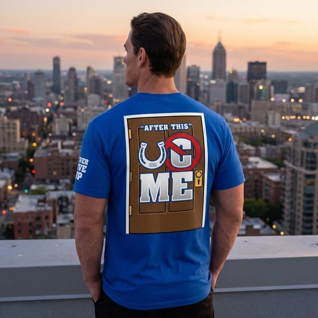 John Cena Indianapolis shirt worn while looking across a city skyline.