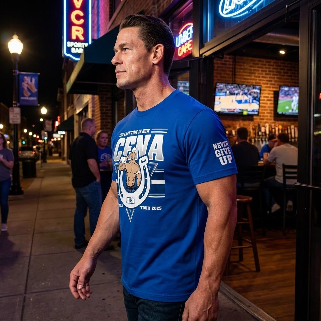 John Cena Indianapolis shirt worn while entering a sports bar for wrestling watch time.