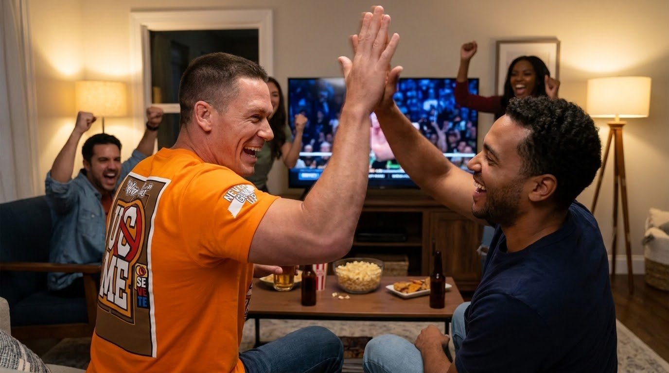 John Cena Knoxville shirt worn while high-fiving a friend at a party.