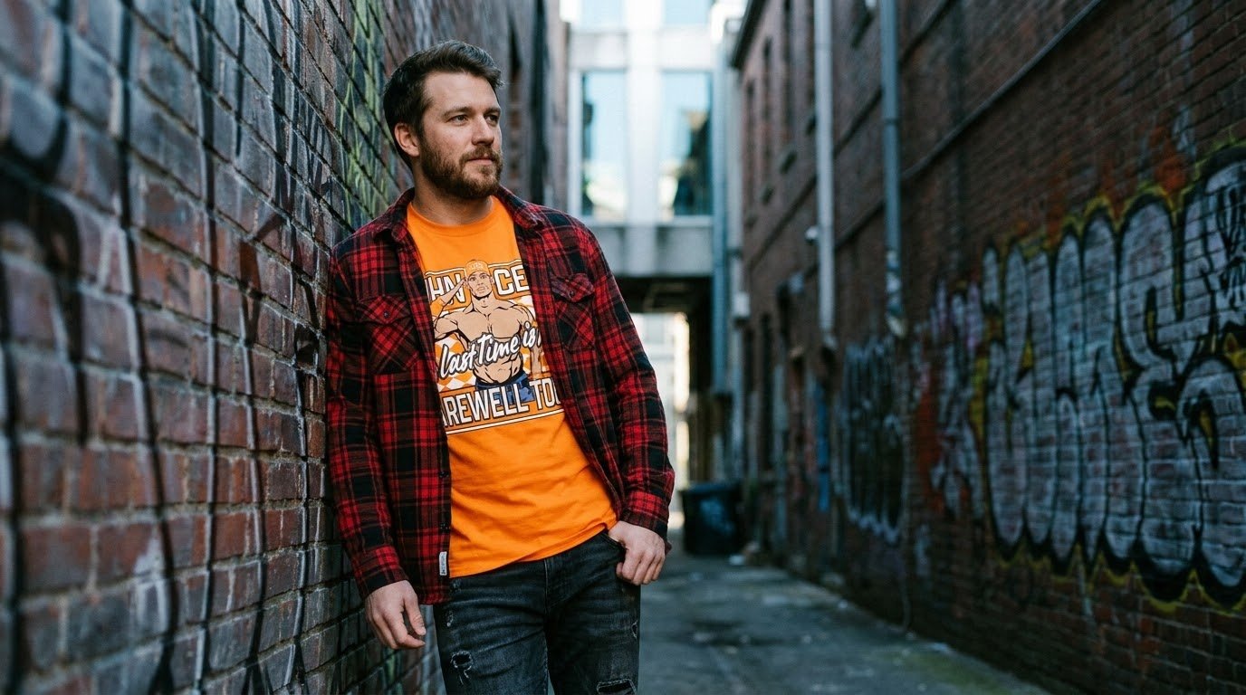 John Cena Knoxville orange shirt worn for a close-up fan portrait.