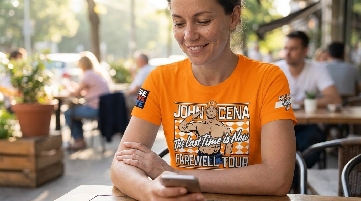 John Cena Knoxville shirt worn while checking a phone in everyday life.