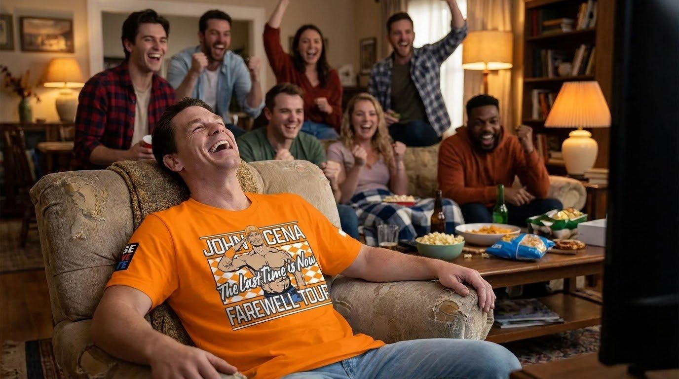 John Cena Knoxville shirt worn during a laughing wrestling watch party with friends.