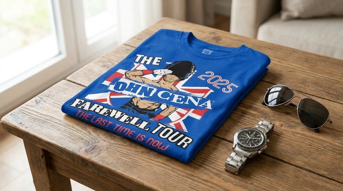 John Cena London shirt displayed flat on a wooden table.