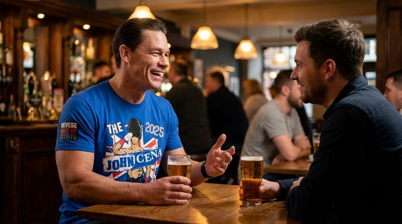 John Cena London shirt worn while talking with friends at a pub.